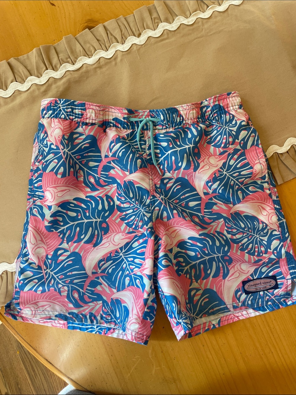 Vineyard Vines Blue & Pink Tropical Leaf Swim Shorts